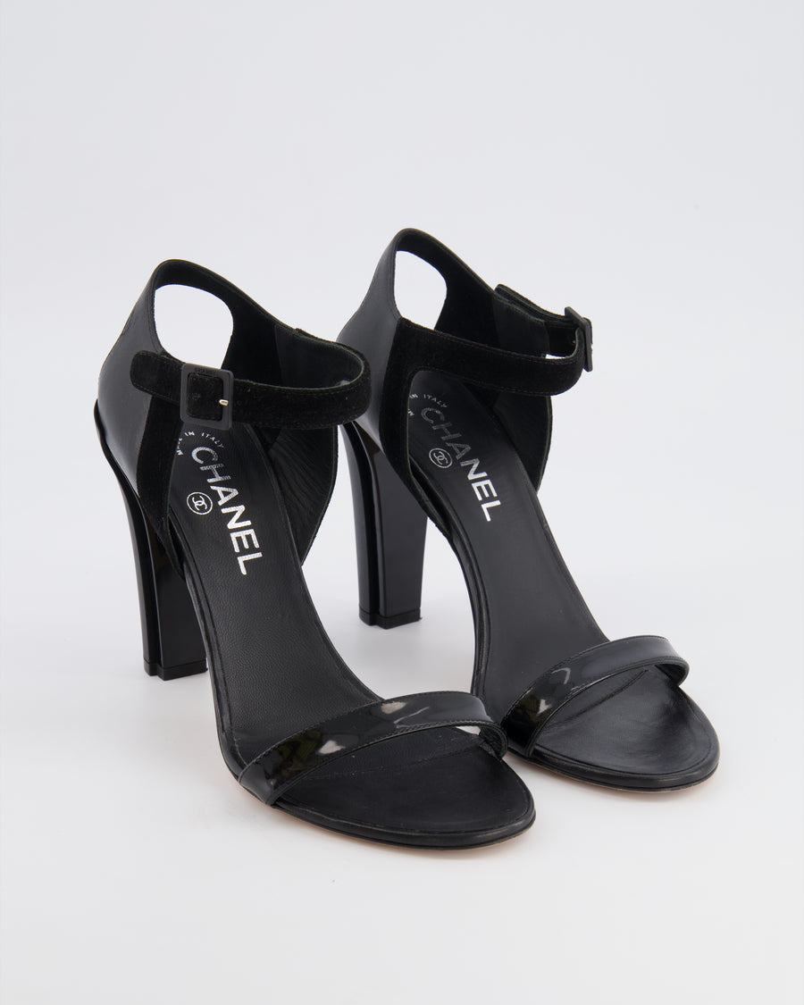 Chanel Black Leather Heeled Sandals with Suede Ankle Strap Size EU 39.5