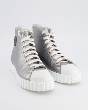 Hermès Climb High-Top Trainers in Silver Metallic Leather with White Rubber Platform Soles and Toecap with Black Logo Detail Size EU 39 RRP £790