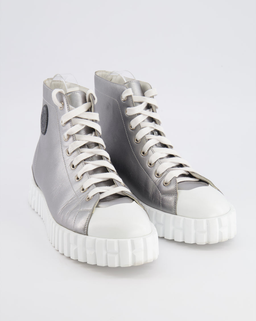 Hermès Climb High-Top Trainers in Silver Metallic Leather with White Rubber Platform Soles and Toecap with Black Logo Detail Size EU 39 RRP £790