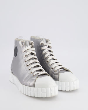 Hermès Climb High-Top Trainers in Silver Metallic Leather with White Rubber Platform Soles and Toecap with Black Logo Detail Size EU 39 RRP £790