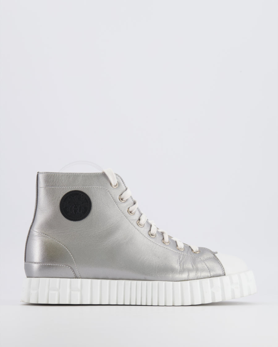 Hermès Climb High-Top Trainers in Silver Metallic Leather with White Rubber Platform Soles and Toecap with Black Logo Detail Size EU 39 RRP £790
