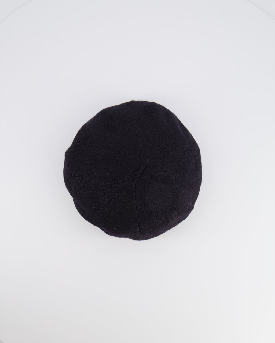 Christian Dior Black Linen Beret Hat with Gold Logo Detail One Size RRP £650