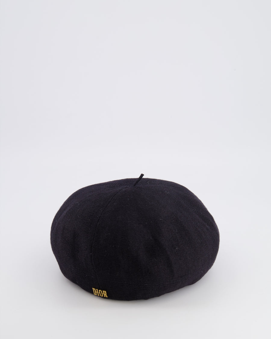 Christian Dior Black Linen Beret Hat with Gold Logo Detail One Size RRP £650