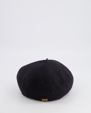 Christian Dior Black Linen Beret Hat with Gold Logo Detail One Size RRP £650