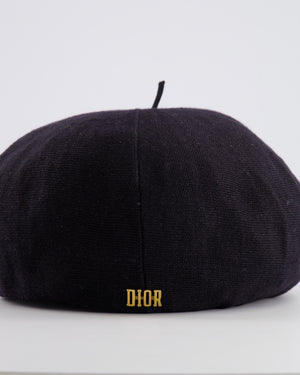 Christian Dior Black Linen Beret Hat with Gold Logo Detail One Size RRP £650