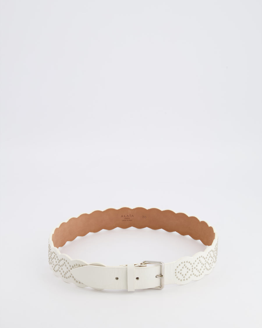 Alaia White Leather Scalloped Belt with Silver Stud Embellishments 70cm RRP £800