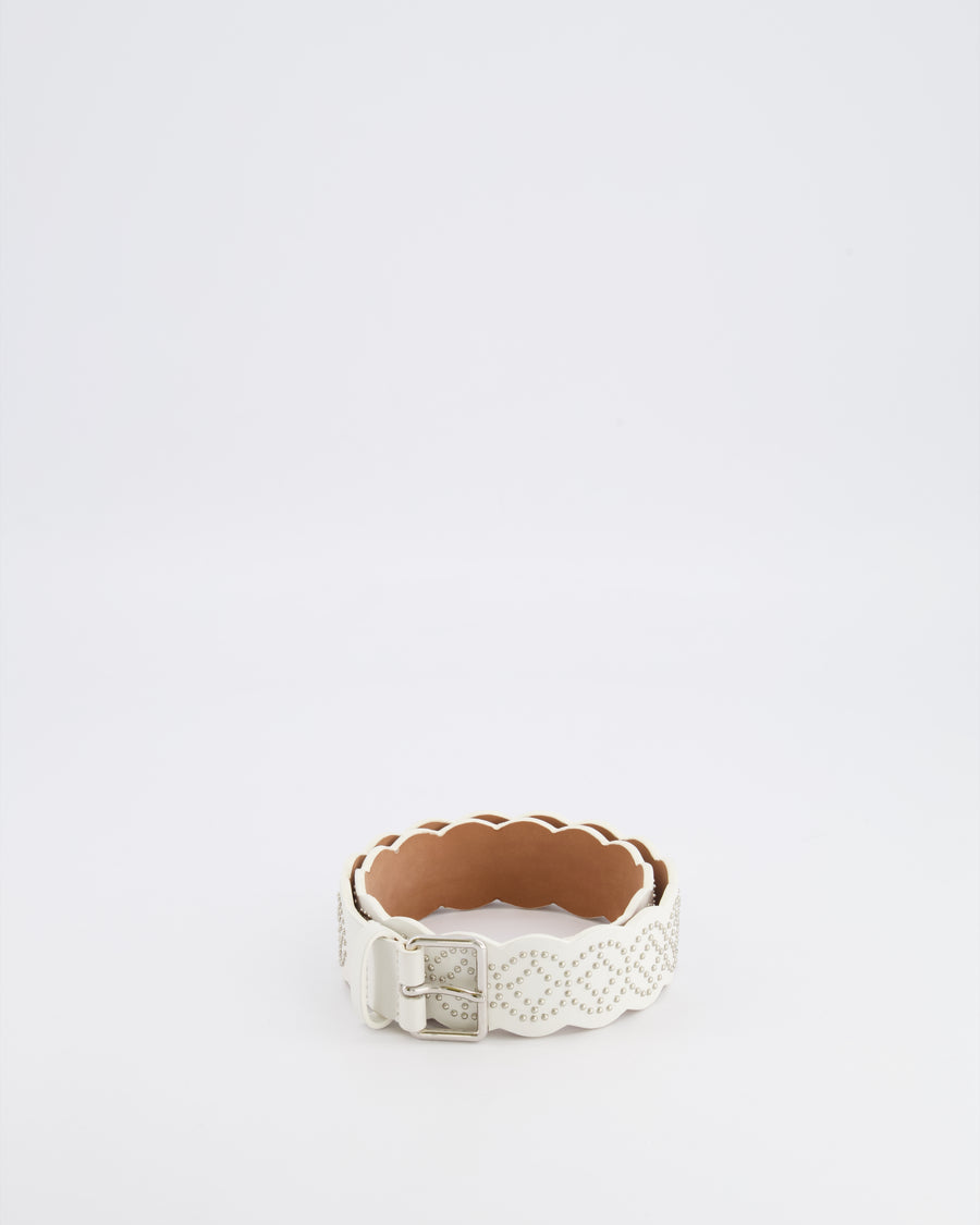 Alaia White Leather Scalloped Belt with Silver Stud Embellishments 70cm RRP £800