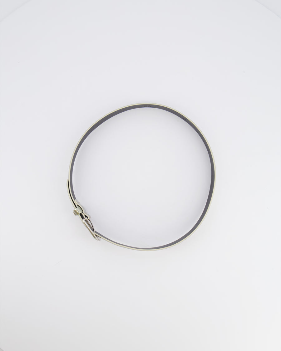 Chanel Silver Metallic Leather Belt with Silver Buckle and Logo Plate Detail 70cm
