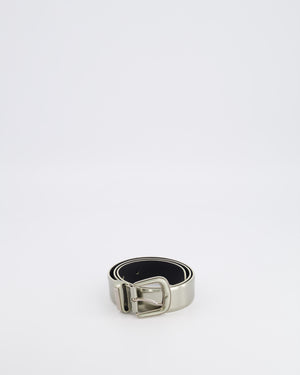 Chanel Silver Metallic Leather Belt with Silver Buckle and Logo Plate Detail 70cm