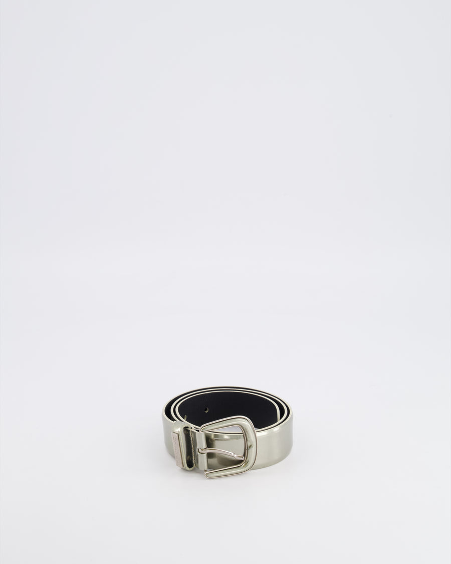 Chanel Silver Metallic Leather Belt with Silver Buckle and Logo Plate Detail 70cm