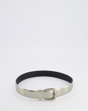Chanel Silver Metallic Leather Belt with Silver Buckle and Logo Plate Detail 70cm
