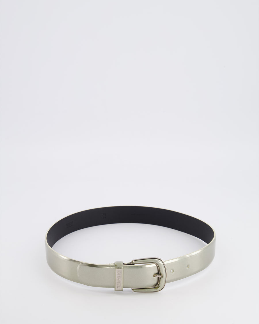 Chanel Silver Metallic Leather Belt with Silver Buckle and Logo Plate Detail 70cm