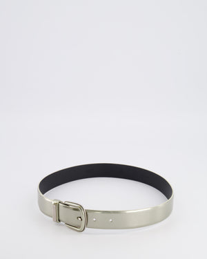 Chanel Silver Metallic Leather Belt with Silver Buckle and Logo Plate Detail 70cm