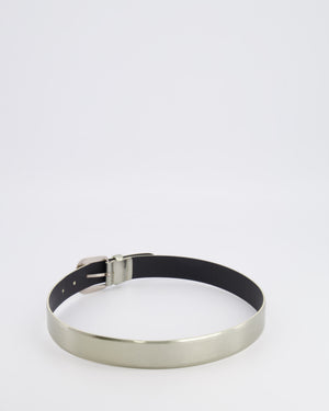 Chanel Silver Metallic Leather Belt with Silver Buckle and Logo Plate Detail 70cm
