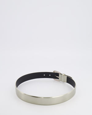 Chanel Silver Metallic Leather Belt with Silver Buckle and Logo Plate Detail 70cm