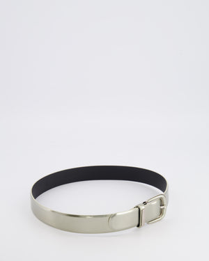 Chanel Silver Metallic Leather Belt with Silver Buckle and Logo Plate Detail 70cm