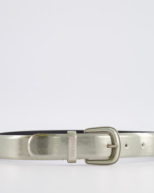 Chanel Silver Metallic Leather Belt with Silver Buckle and Logo Plate Detail 70cm