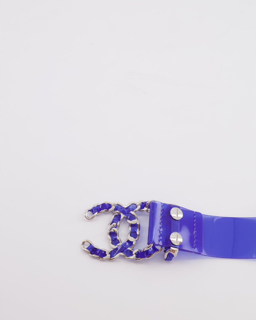 Chanel 18C Blue PVC Belt with Silver CC Chain Logo Buckle 65cm