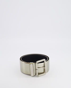 Chanel Silver Metallic Leather Large Belt with Silver Buckle and Engraved Logo Plate Detail 70cm