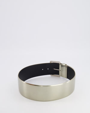 Chanel Silver Metallic Leather Large Belt with Silver Buckle and Engraved Logo Plate Detail 70cm
