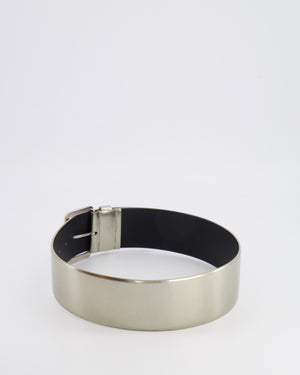 Chanel Silver Metallic Leather Large Belt with Silver Buckle and Engraved Logo Plate Detail 70cm