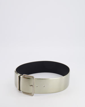 Chanel Silver Metallic Leather Large Belt with Silver Buckle and Engraved Logo Plate Detail 70cm