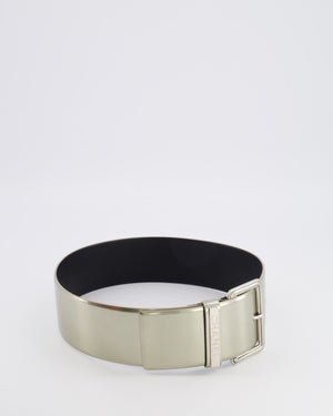 Chanel Silver Metallic Leather Large Belt with Silver Buckle and Engraved Logo Plate Detail 70cm