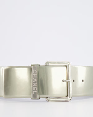 Chanel Silver Metallic Leather Large Belt with Silver Buckle and Engraved Logo Plate Detail 70cm