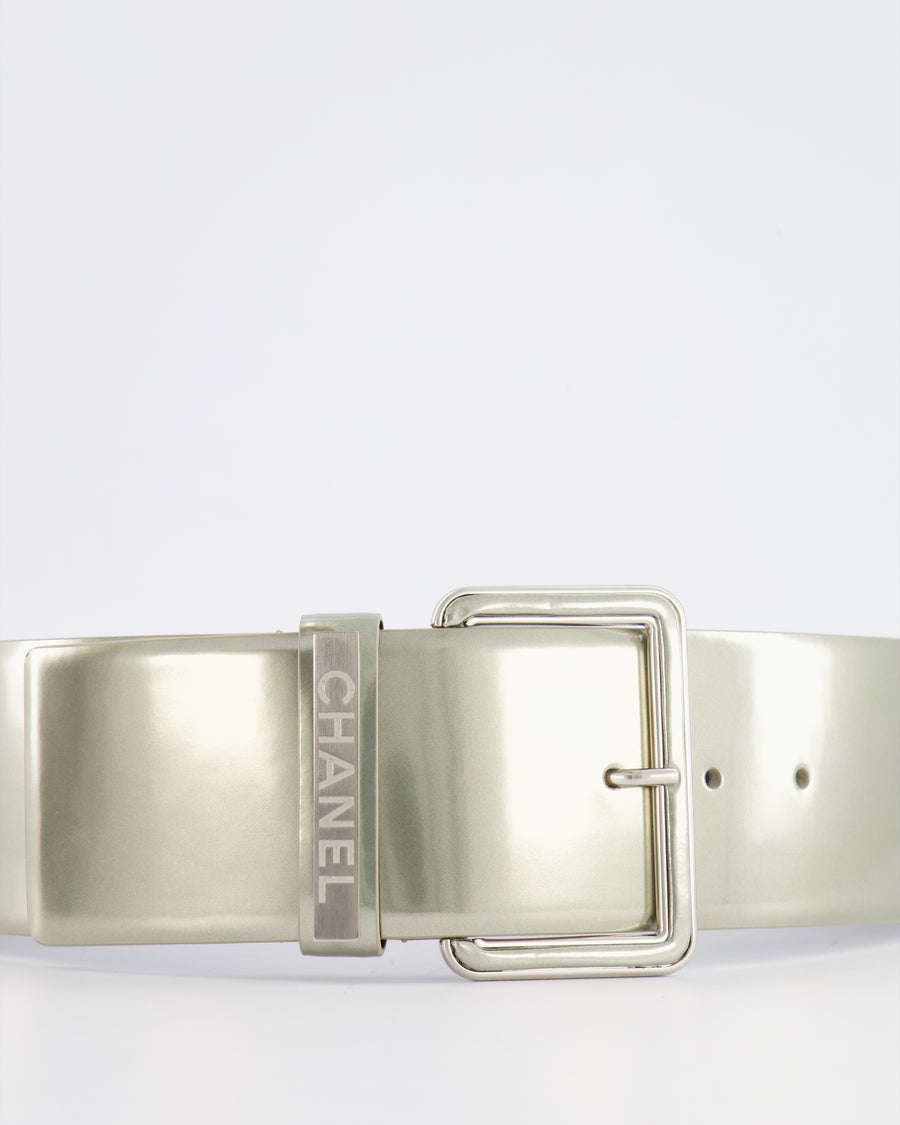Chanel Silver Metallic Leather Large Belt with Silver Buckle and Engraved Logo Plate Detail 70cm