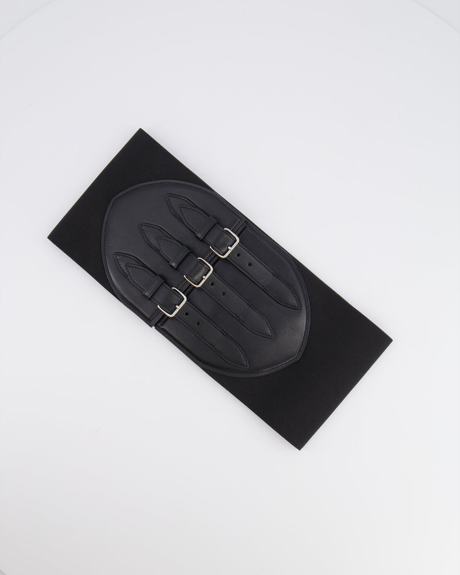 Alaia Black Leather Corset Belt with Silver Buckles 65cm