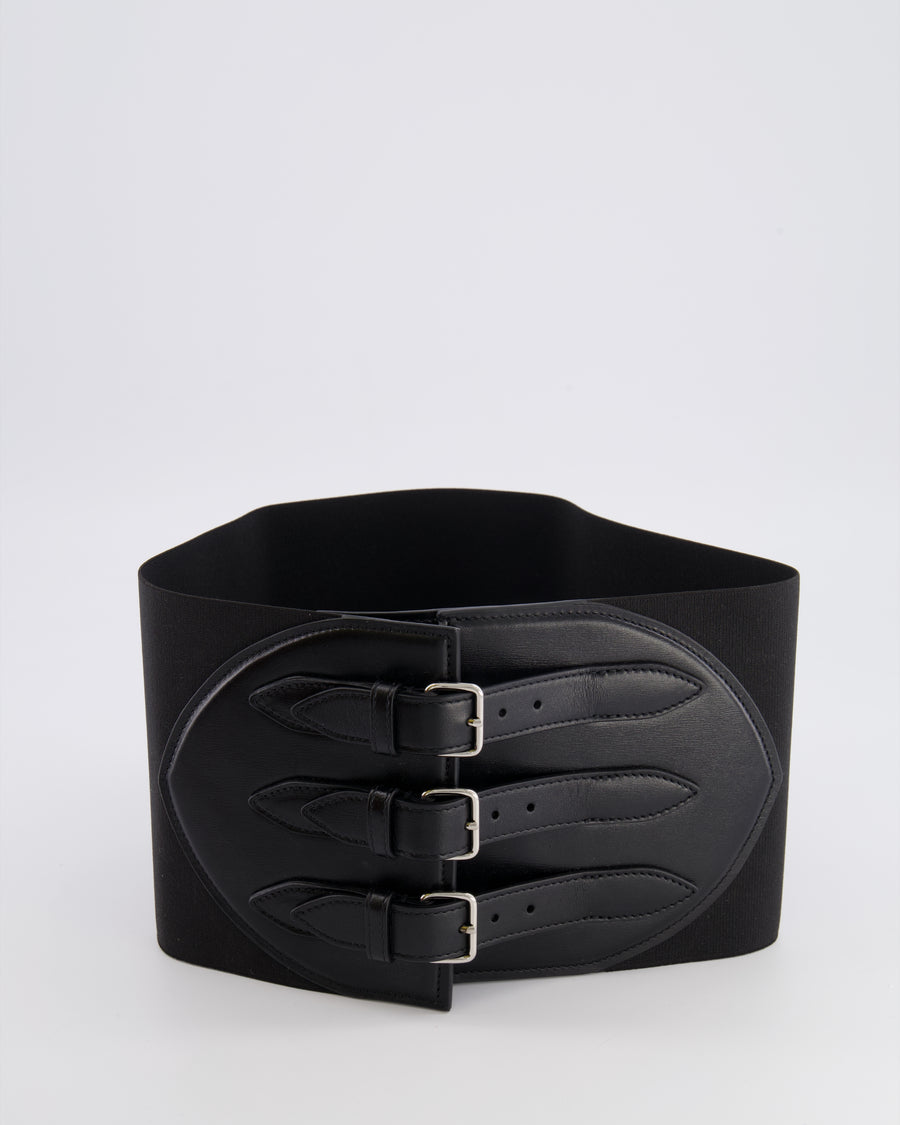 Alaia Black Leather Corset Belt with Silver Buckles 65cm