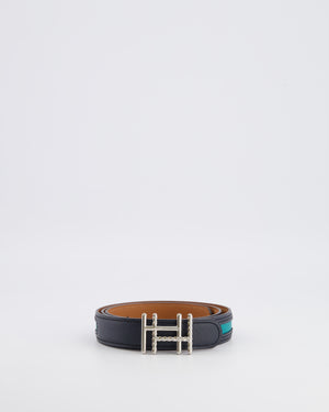 Hermès Au Carré Reversible Belt in Green and Navy with Gold Interior and Palladium H Buckle 80cm