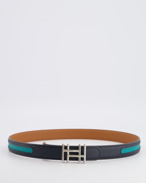 Hermès Au Carré Reversible Belt in Green and Navy with Gold Interior and Palladium H Buckle 80cm