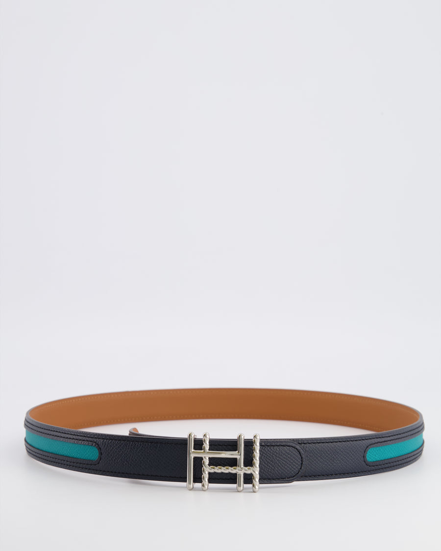 Hermès Au Carré Reversible Belt in Green and Navy with Gold Interior and Palladium H Buckle 80cm