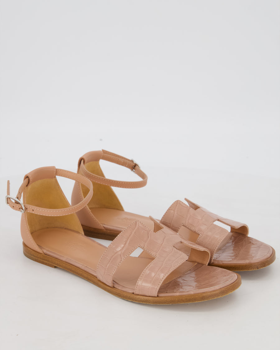 Hermès Santorini Sandal in Rose Porcelaine Mississippiensis Alligator and Calfskin Leather Size EU 37
