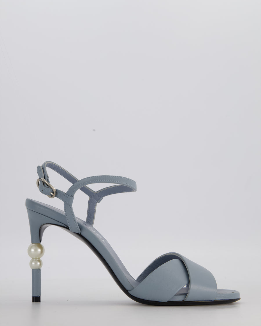 *HOT* Chanel Pastel Blue Open-Toe CC Pearl Heels Size EU 37.5