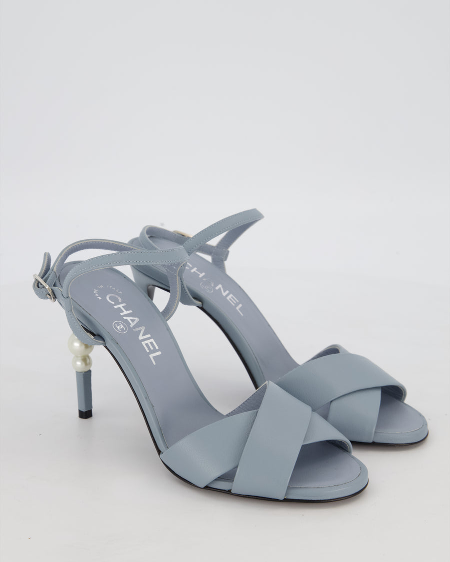 *HOT* Chanel Pastel Blue Open-Toe CC Pearl Heels Size EU 37.5