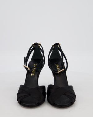 Chanel Black Satin Open Toe Heels with Crystal Bow and CC Detail Size EU 37.5 C