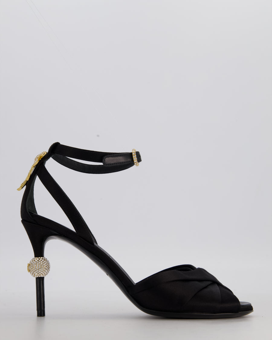 Chanel Black Satin Open Toe Heels with Crystal Bow and CC Detail Size EU 37.5 C