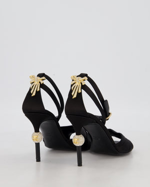 Chanel Black Satin Open Toe Heels with Crystal Bow and CC Detail Size EU 37.5 C