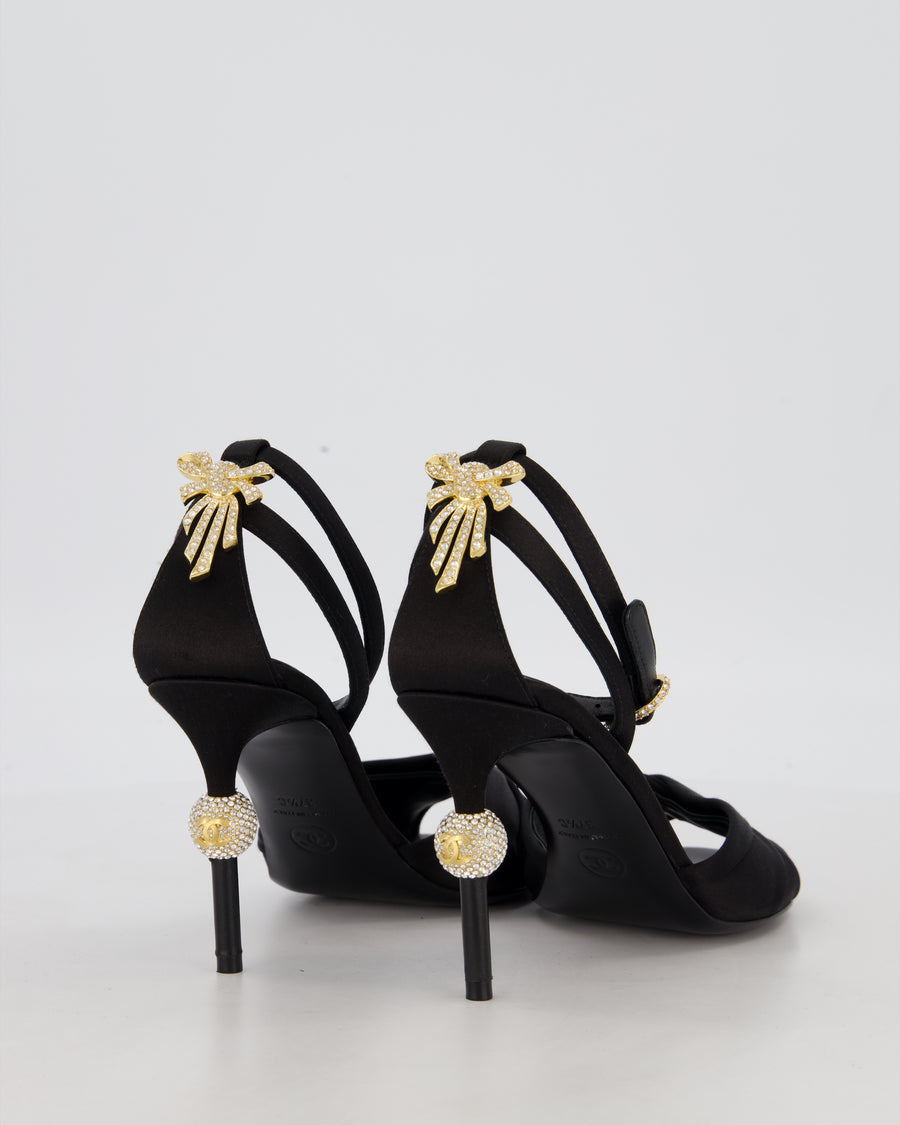 Chanel Black Satin Open Toe Heels with Crystal Bow and CC Detail Size EU 37.5 C