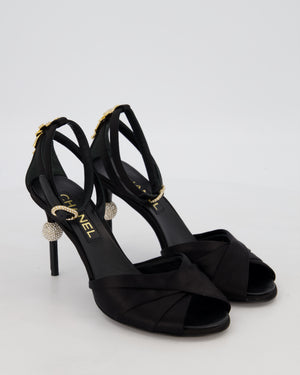 Chanel Black Satin Open Toe Heels with Crystal Bow and CC Detail Size EU 37.5 C