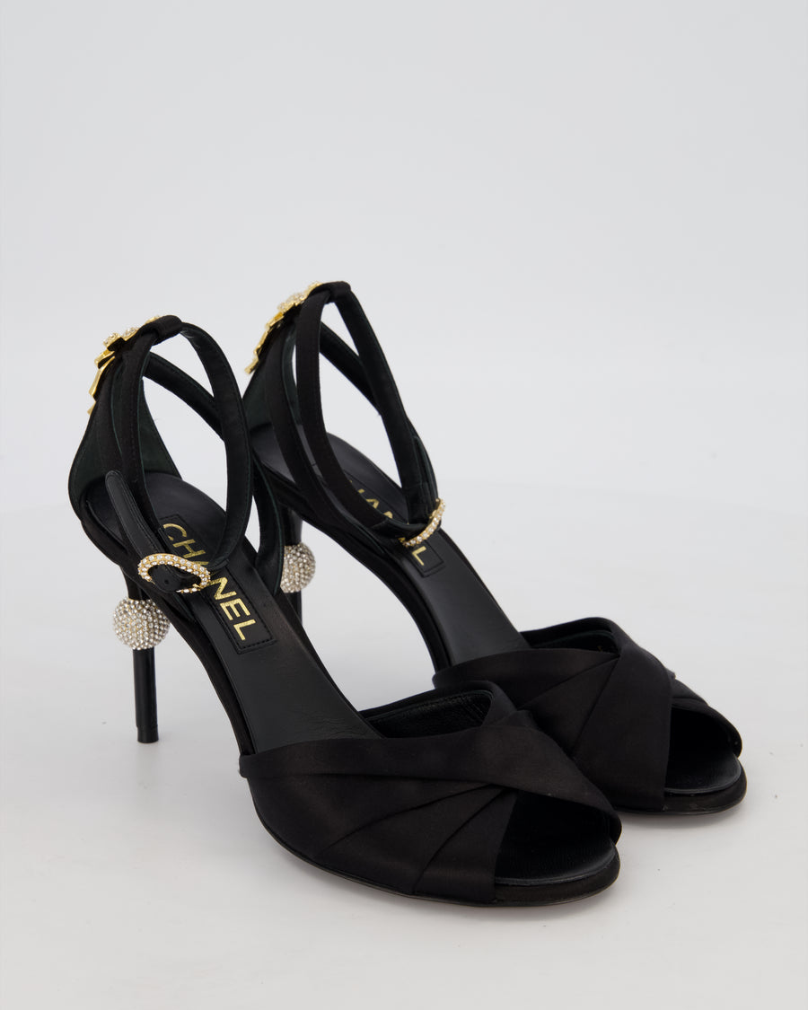 Chanel Black Satin Open Toe Heels with Crystal Bow and CC Detail Size EU 37.5 C