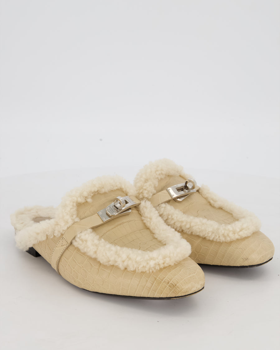 Hermès Oz Mules in Beige Mississippiensis Alligator and Shearling Leather Size EU 38