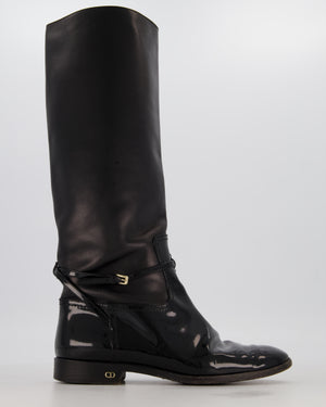 Christian Dior Black Patent and Leather Riding Boots with CD Logo Detail Size EU 37