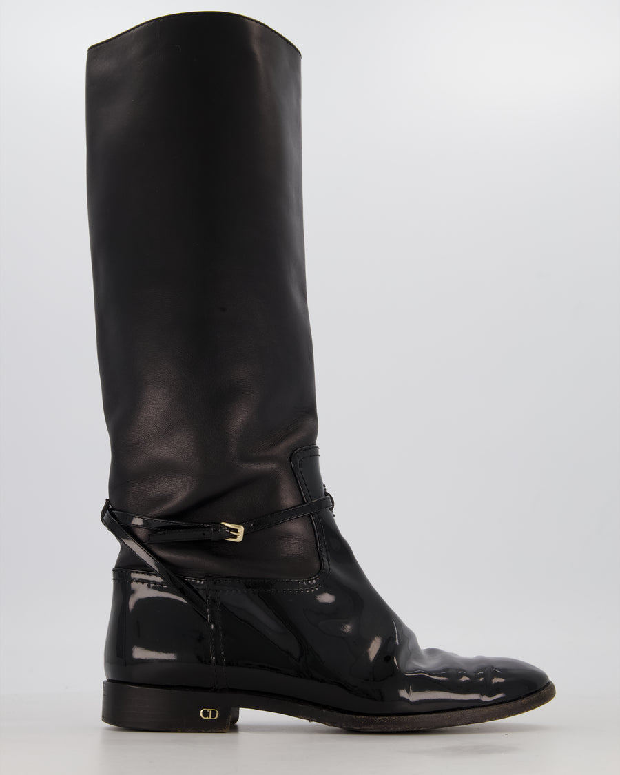 Christian Dior Black Patent and Leather Riding Boots with CD Logo Detail Size EU 37