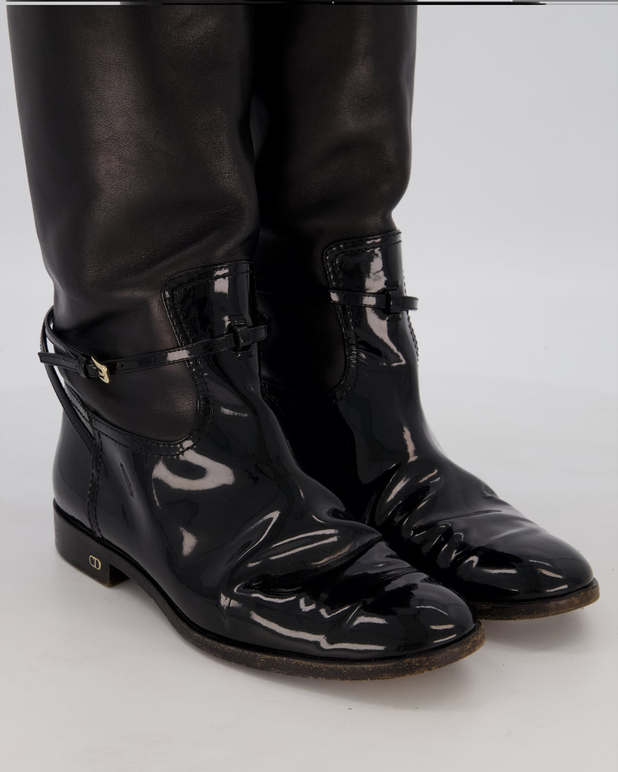 Christian Dior Black Patent and Leather Riding Boots with CD Logo Detail Size EU 37