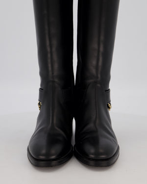 *HOT* Chanel Black Knee-High Riding Boots with CC Chain Logo Detail Size EU 38 C