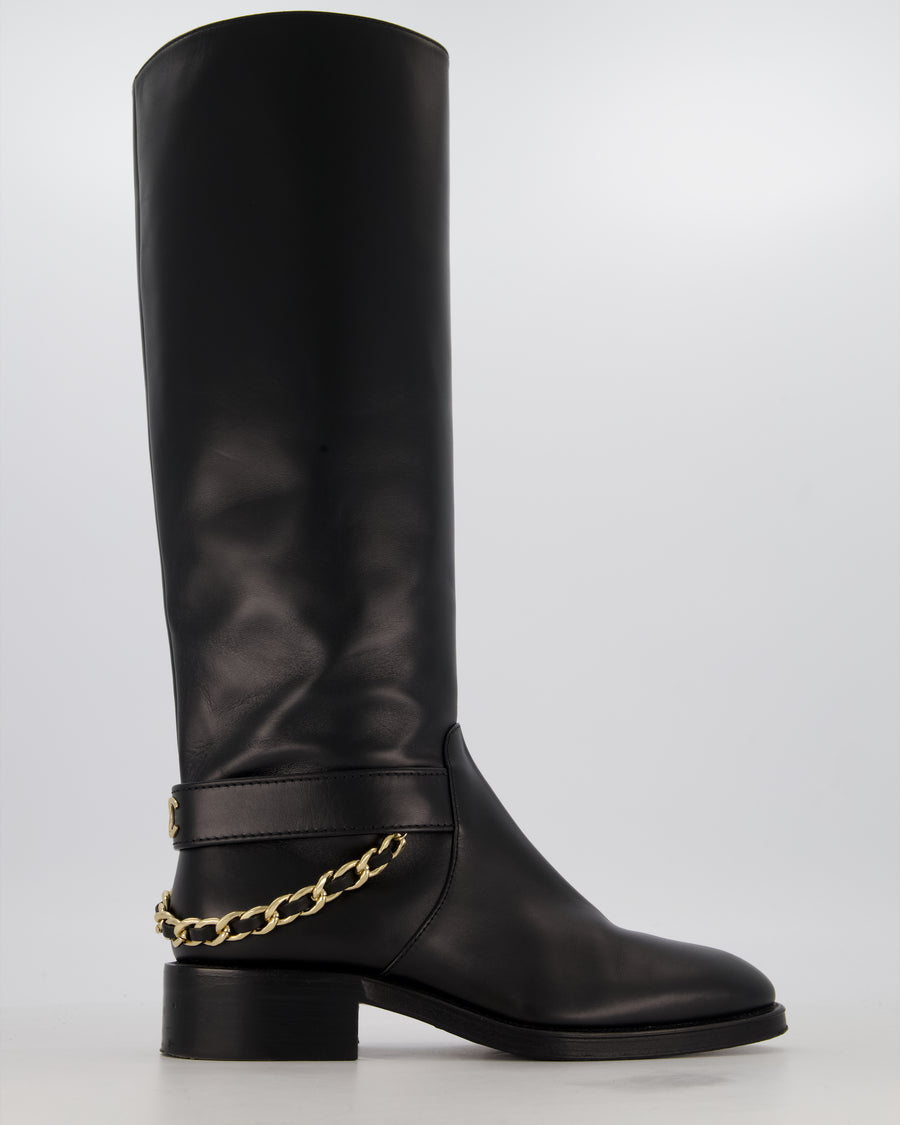 *HOT* Chanel Black Knee-High Riding Boots with CC Chain Logo Detail Size EU 38 C