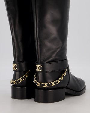 *HOT* Chanel Black Knee-High Riding Boots with CC Chain Logo Detail Size EU 38 C